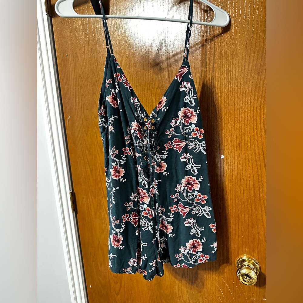 Emerald Green Floral Lace Up Tank/Camisole